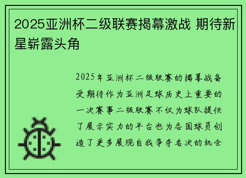 2025亚洲杯二级联赛揭幕激战 期待新星崭露头角