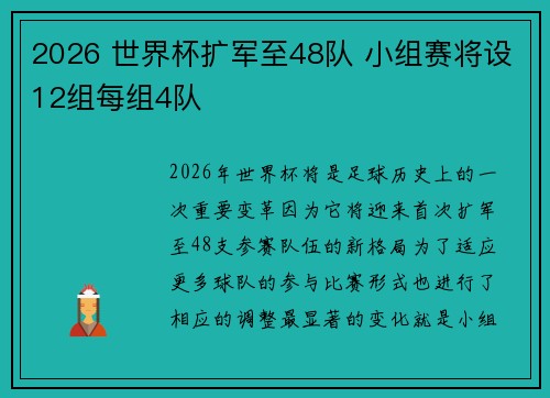 2026 世界杯扩军至48队 小组赛将设12组每组4队