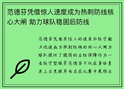 范德芬凭借惊人速度成为热刺防线核心大闸 助力球队稳固后防线